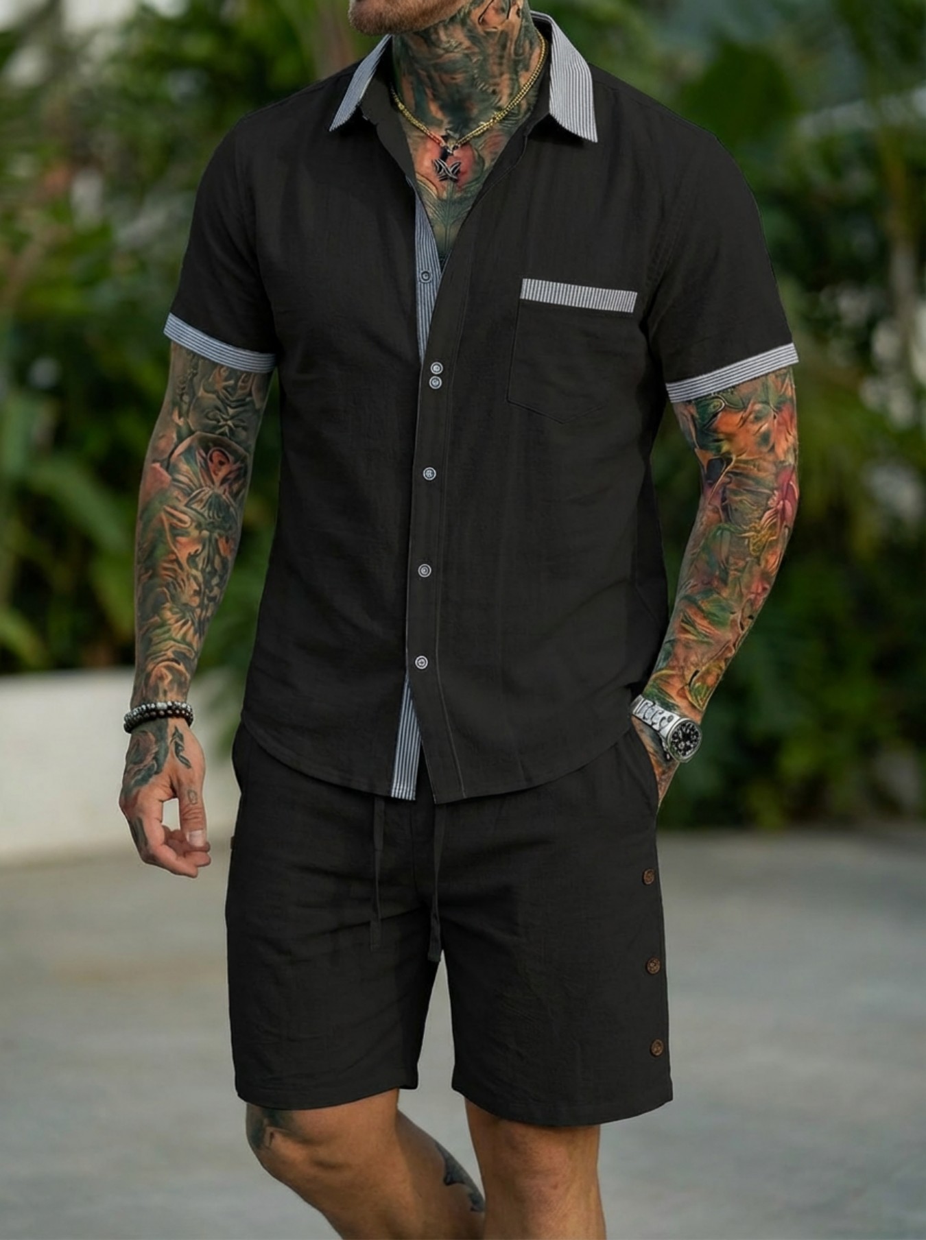 Short Linen Drawstring - Conjunto de Camisa Estilo Cubano para